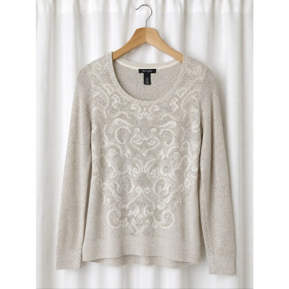 White House Black Market Champagne Metallic Wool Blend Jacquard Pullover Sweater
